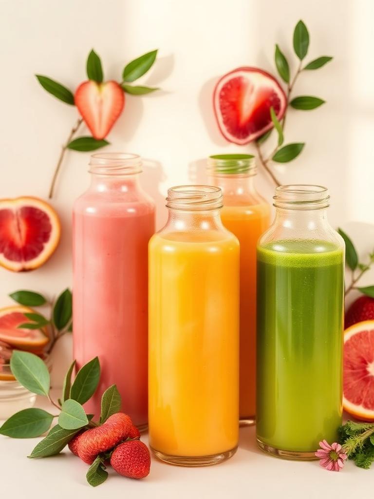 Cold-pressed detox juices in glass bottles with fresh fruit
